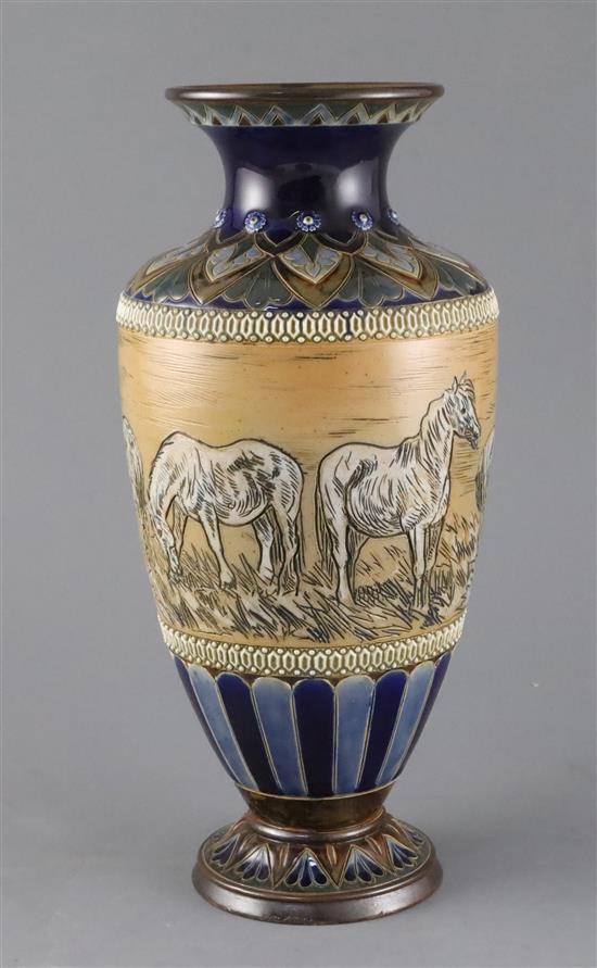 Hannah Barlow for Doulton Lambeth, a horses sgraffito baluster vase, c.1895, 31cm, neck restoration